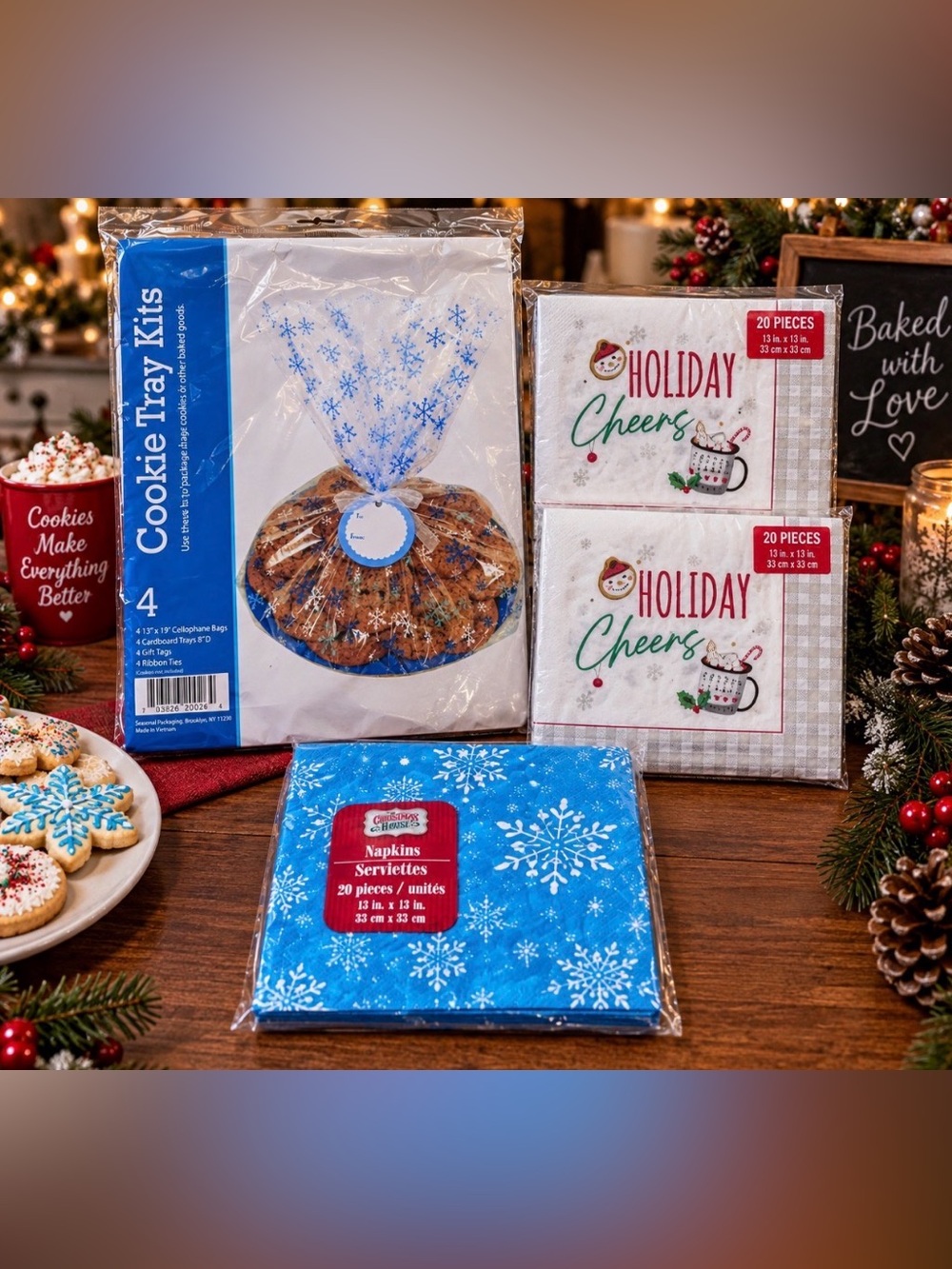 Cookie Tray Gift Kits 4 Pack with Bags Tags Ribbon & 40 Holiday Napkins